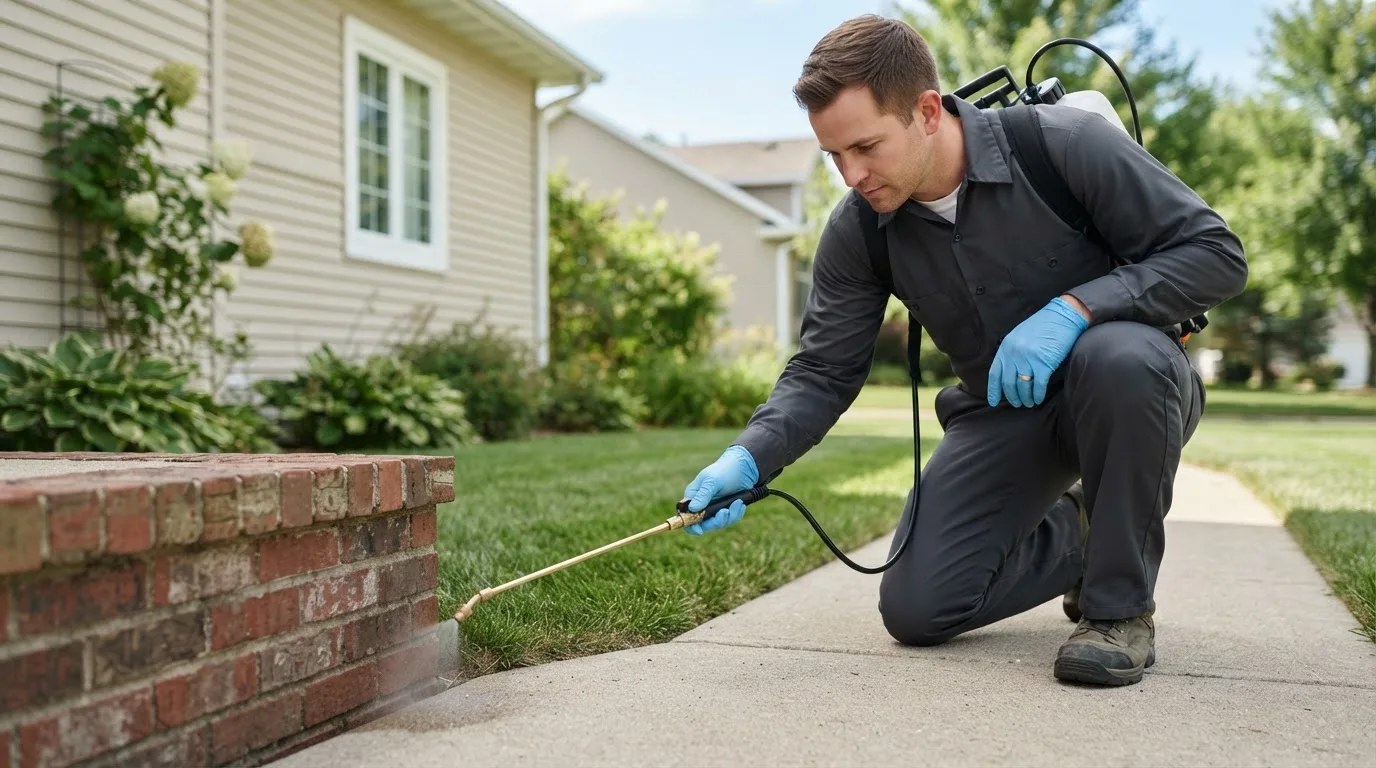 Pest control technician treating a home near West Warren, MA
